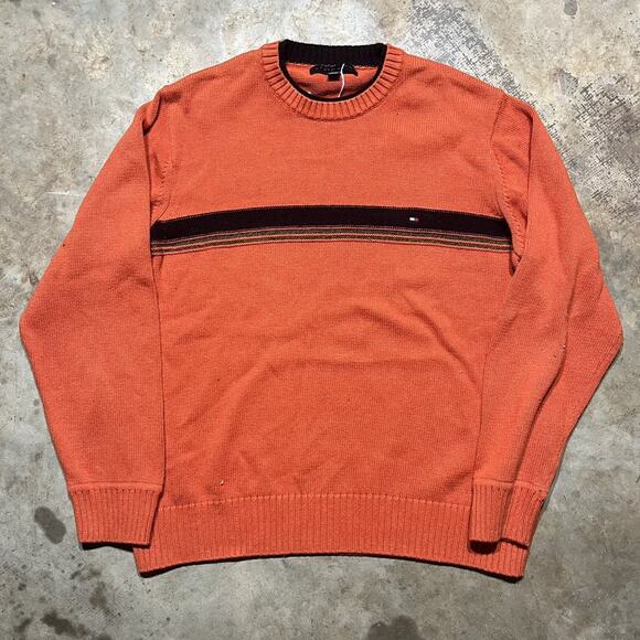Vintage 2000s Tommy Hilfiger Orange Navy Stripe Sweater - Picture 1 of 3
